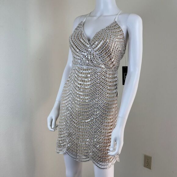 Lulus Lele Women Size L White Silver Sequin Mini NEW Dress Strappy Holiday Party - Picture 9 of 15
